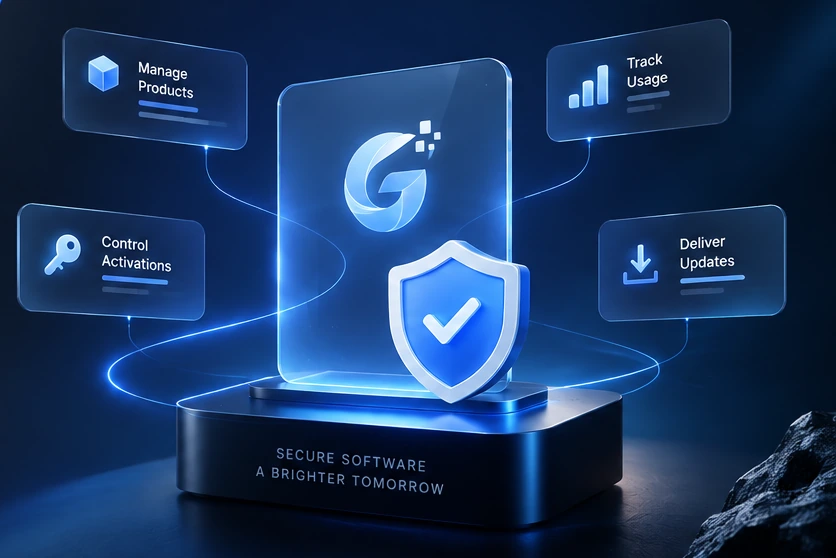 GlixLicense security shield and illuminated platform connected to product, activation, usage, and software-update cards.